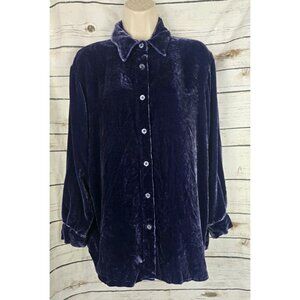 Soft Surroundings Purple Velvet Top M Button Tunic 100% Silk Long Sleeves